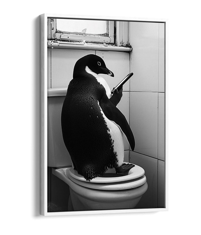Funny Penguin Canvas – Humorous Bathroom Wall Art | Toilet Decor Print, Float Effect