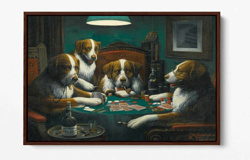 Dogs Playing Cards Art - Handmade Canvas Wall Art | Poker Game Print, Float Effect