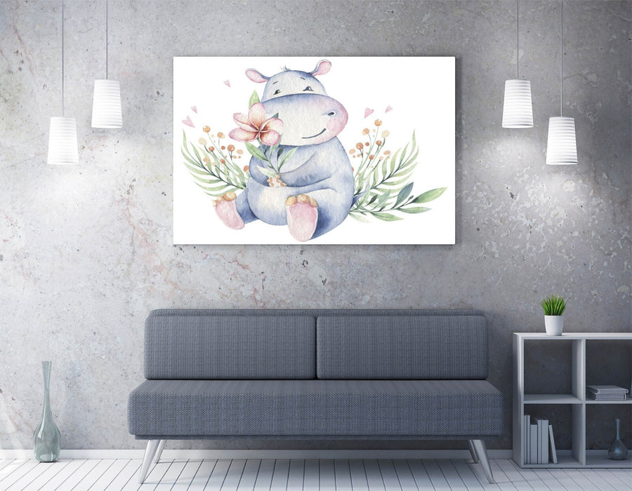 Watercolour Hippo Canvas - Cute Floral Nursery Wall Art With Vibrant Colors