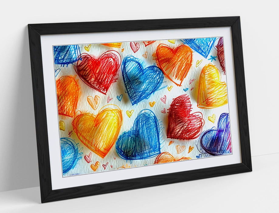Framed Wall Art Poster – Multi Colour Hearts Print On White Background | Bedroom Decor