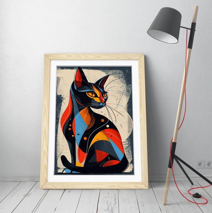 Abstract Cat Wall Art – Framed Blue Red Art, Contemporary Decor Poster Print