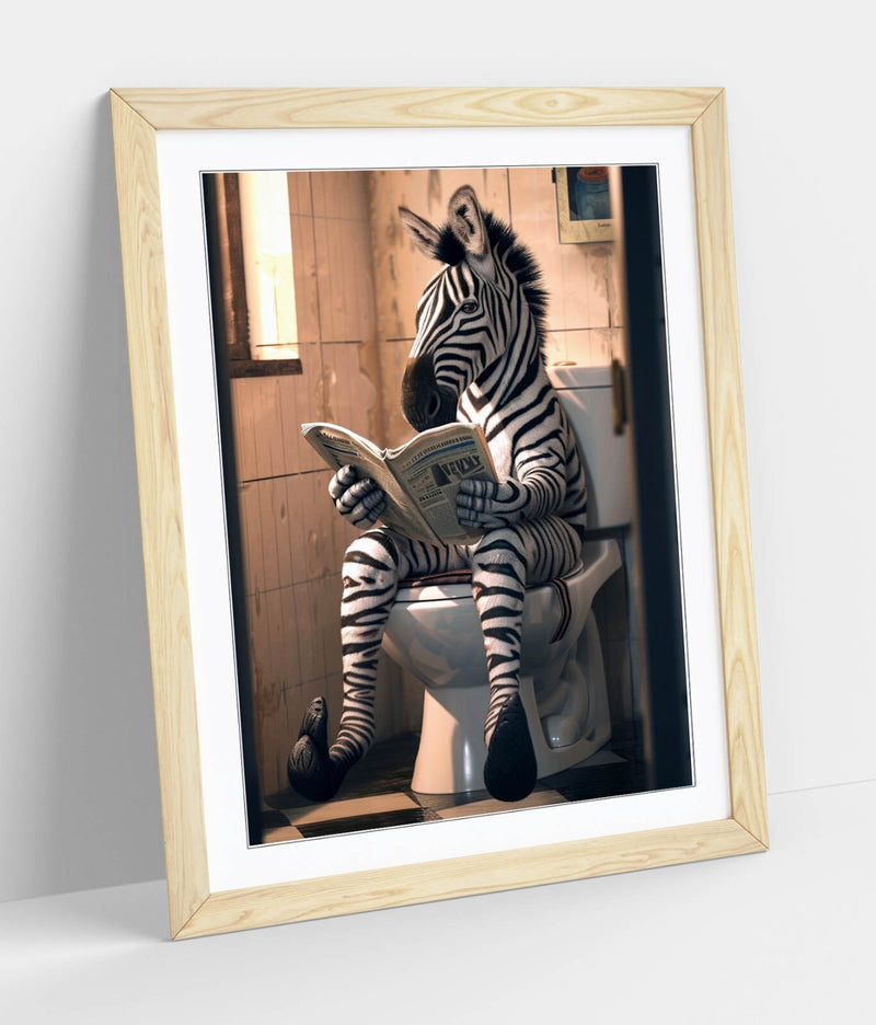 Funny Zebra Wall Art – Framed Poster Print With Woodgrain Frame Finish