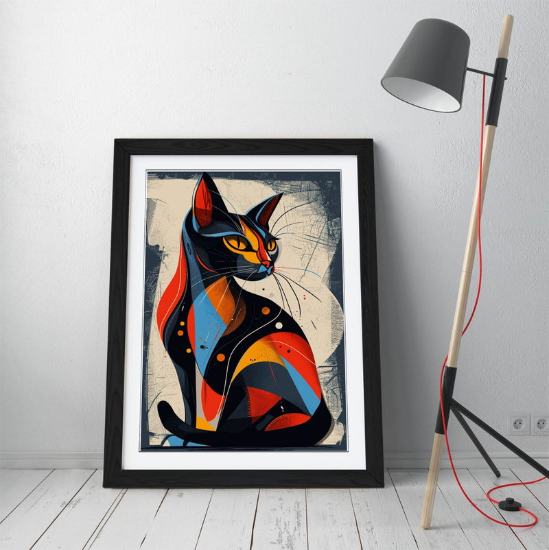 Abstract Cat Wall Art – Framed Blue Red Art, Contemporary Decor Poster Print