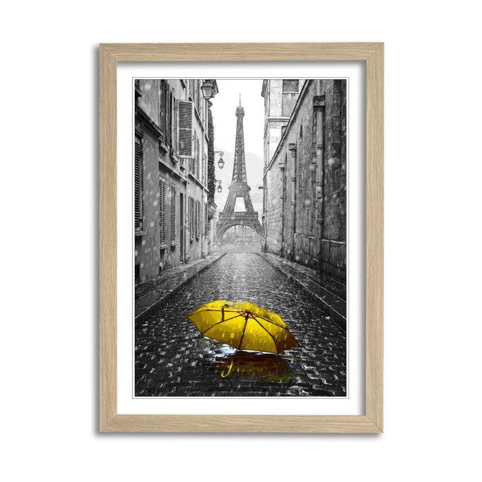 Paris Umbrella Art – Framed Wall Art Black and White Poster with Yellow Umbrella Print
