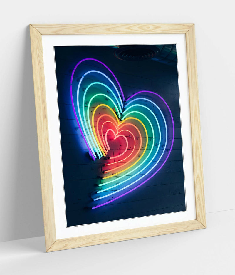 Framed Poster Art - Rainbow Heart Neon Wall Art Prints | MDF Wood Frame Ready To Hang
