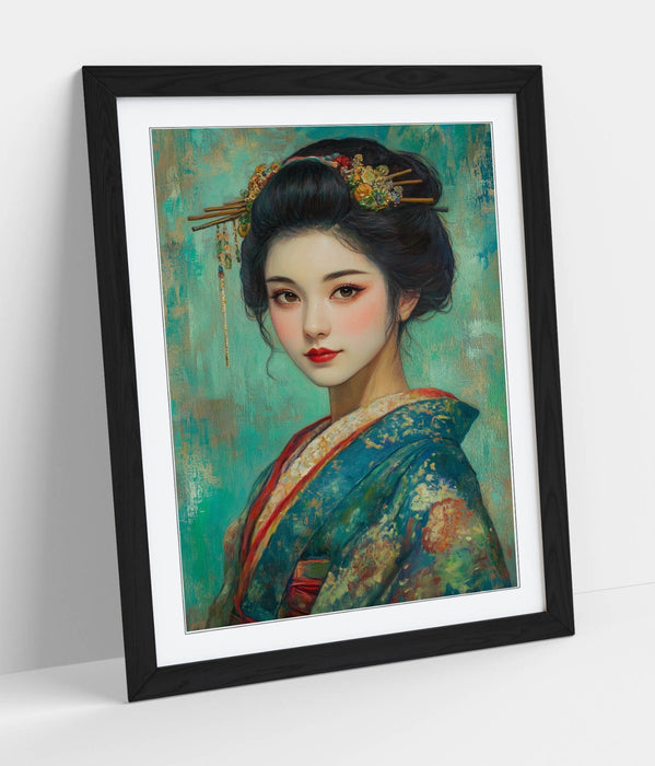 Framed Wall Art - Beautiful Geisha Art Print With Wood Grain Frame, Ready To Hang