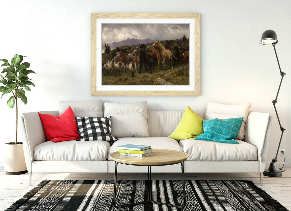 Framed Art Print | Highland Cow Artwork - Rustic Natural Wood Frame Wall Art