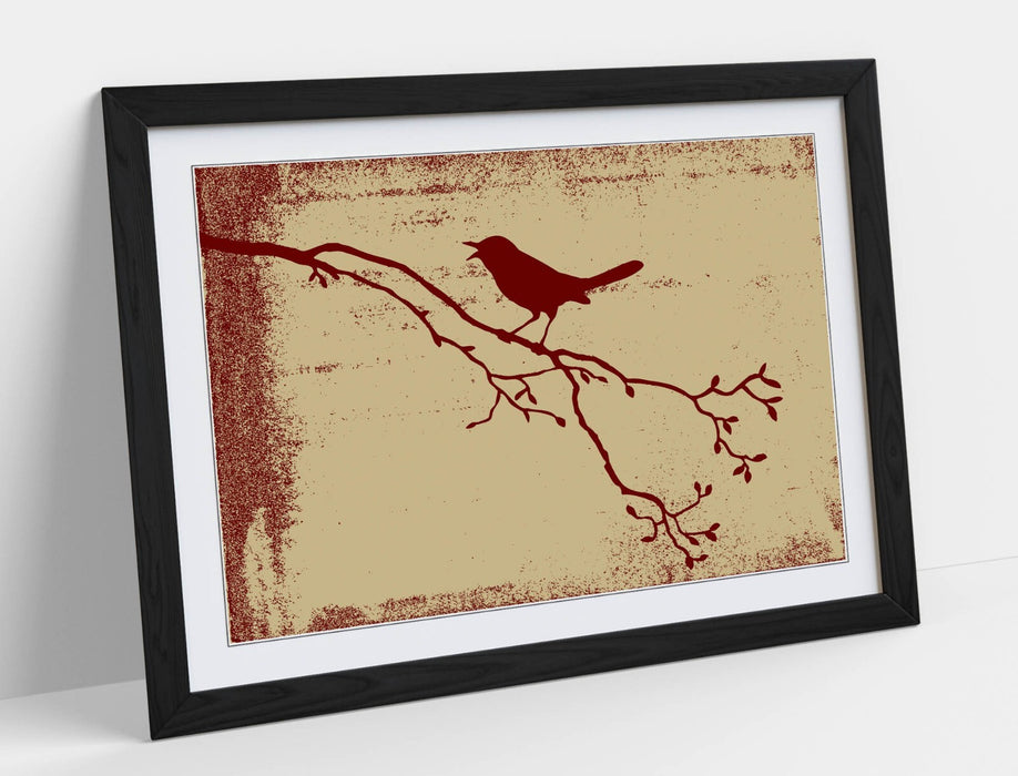 Framed Bird Wall Art – Red Silhouette Tree Branch Print | Handmade Home Decor