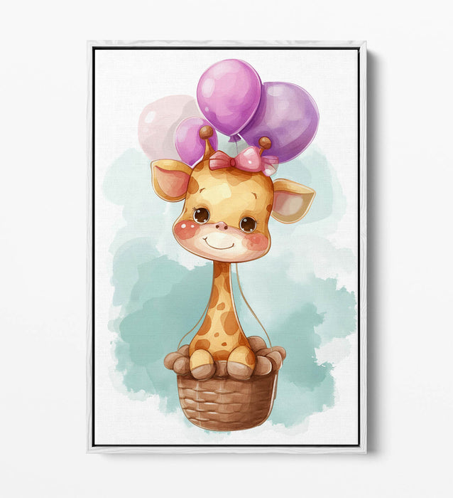 Giraffe Canvas Art – Cute Hot Air Balloon Kids Bedroom Decor | Float Effect Print