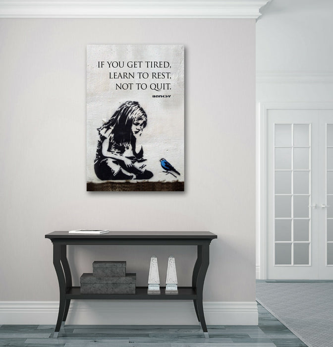 BANKSY GIRL BLUE BIRD QUOTE LEARN TO REST CANVAS WALL ART PRINT GRAFFITI PORT