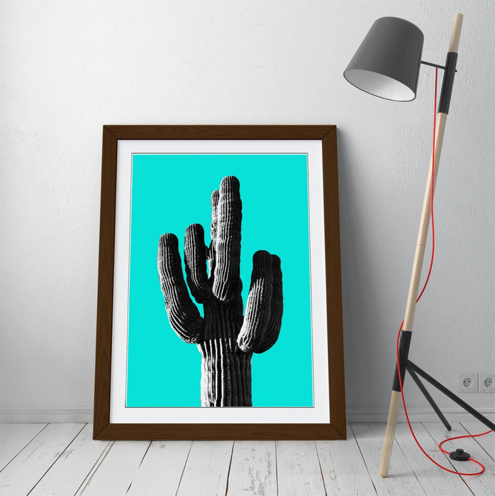 TRENDY B&W CACTUS POP ART CYAN -ART FRAMED POSTER PICTURE PRINT ARTWORK
