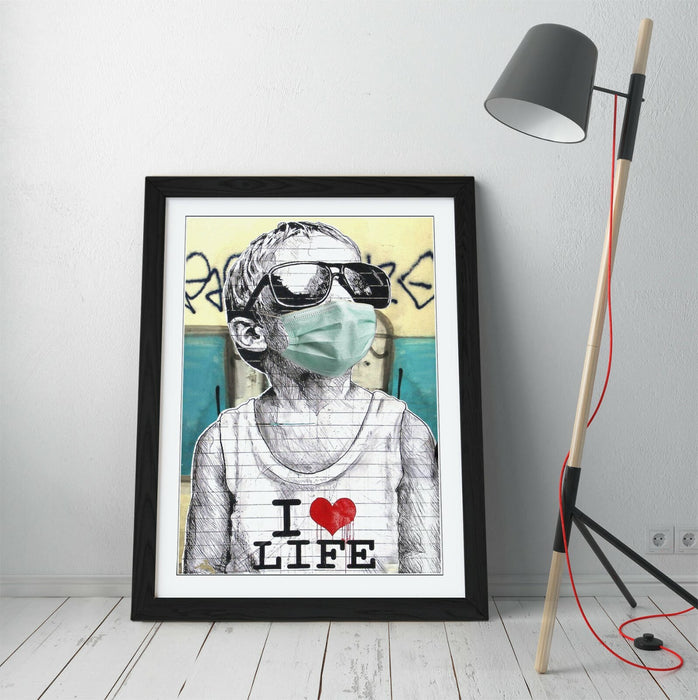 BANKSY I HEART LIFE BOY MASK -FRAMED POSTER WALL ART PRINT ARTWORK- BLUE GREY