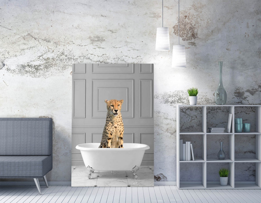 CHEETAH IN BATHTUB -QUIRKY CANVAS WALL ART PRINT ARTWORK ANIMAL FRAMED BATHROOM