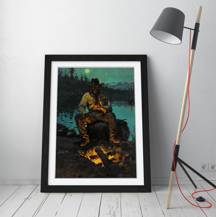 Cowboy Wall Art - Framed Campfire Poster Print With Woodgrain Frame | Rustic Western Decor