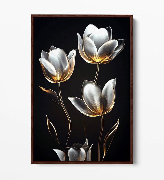 Canvas Wall Art - Silver And Gold Tulip Flower Print With Float Effect Frame
