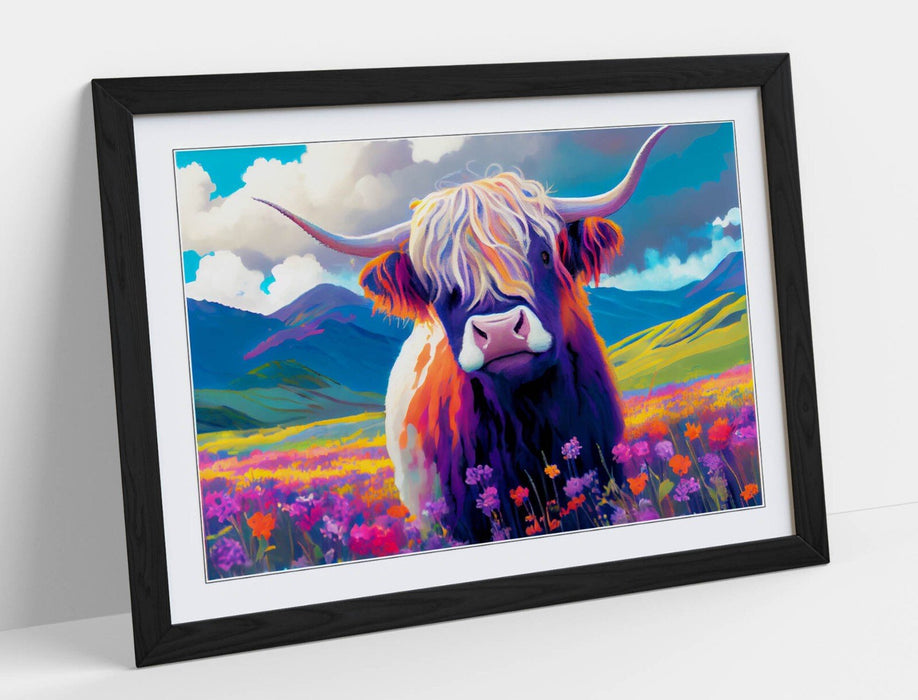 Highland Cow Wall Art – Colorful Landscape Poster With Natural Wood Frame