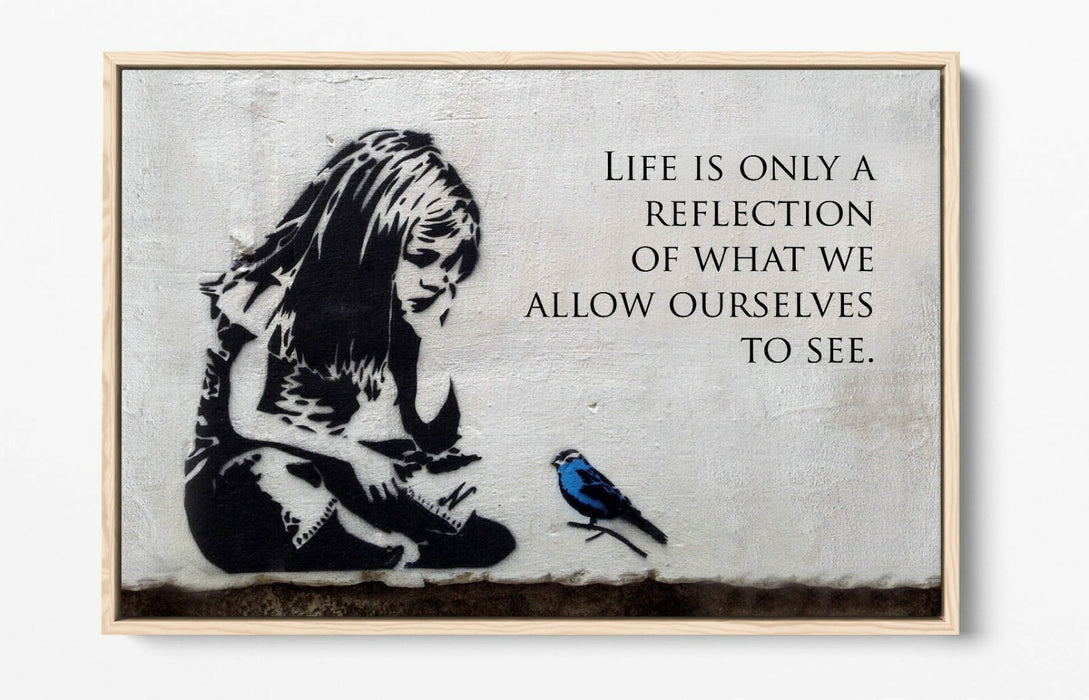 BANKSY LITTLE GIRL BLUE BIRD QUOTE -FLOAT EFFECT CANVAS WALL ART PIC PRINT-