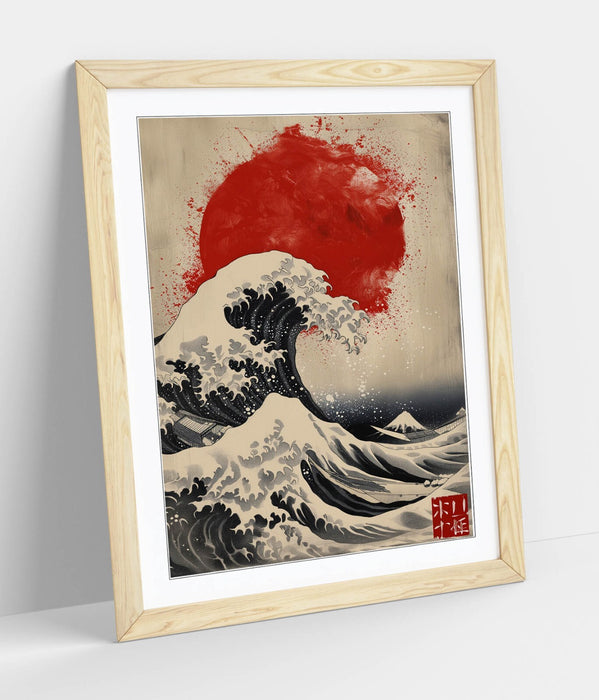 Framed Wall Art – Hokusai Wave Print With Red Sun | Bedroom Wall Decor