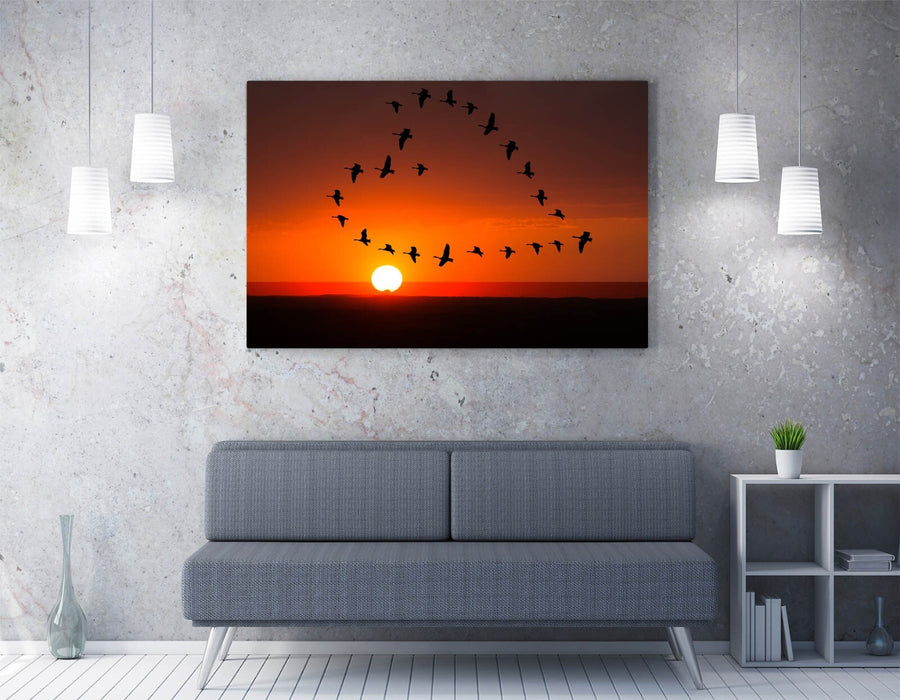 Heart Shaped Canvas Art - Bird Flock Sunset Wall Decor, Ready To Hang