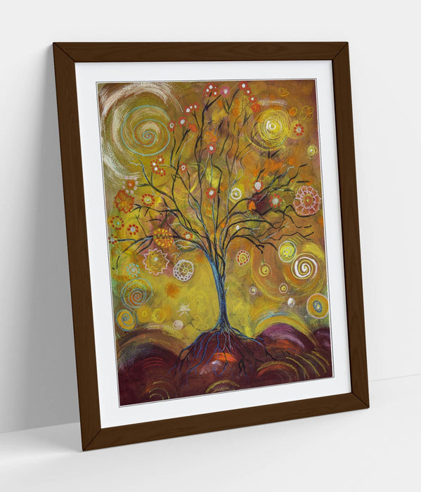 Tree Of Life Art - Whimsical Wall Print Framed Wall Art With Wood Grain Frame