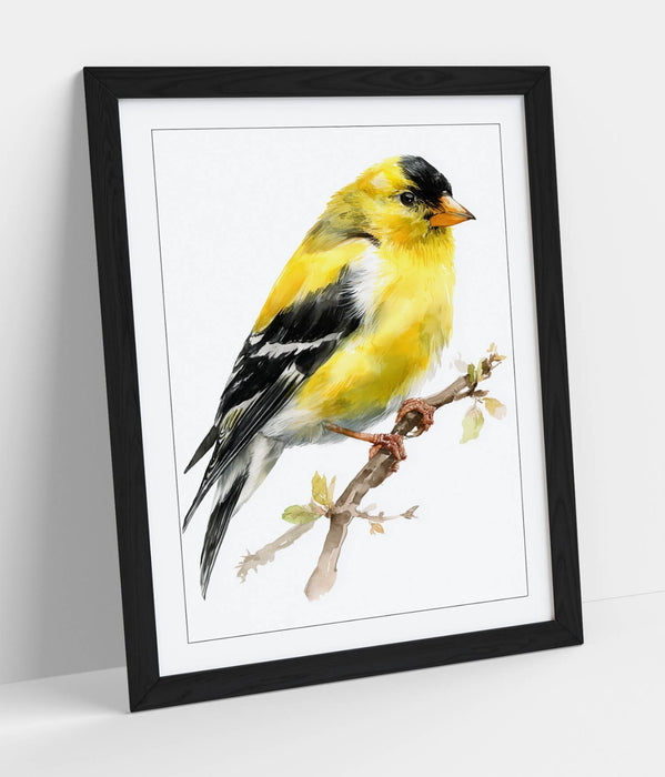 Goldfinch Wall Art - Framed Watercolor Bird Print on Matte Paper with Faux Wood Frame