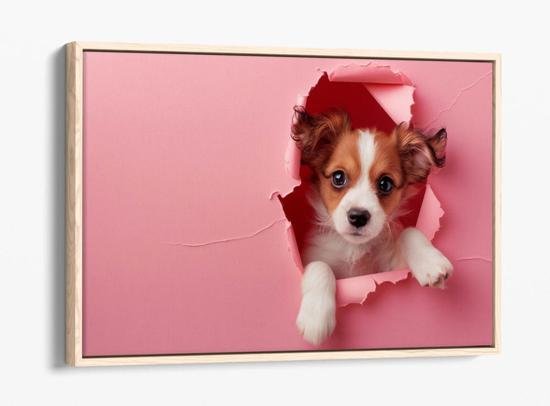 Puppy Canvas Art - Cute Puppy Print On Pink Wall Decor | Float Effect Canvas