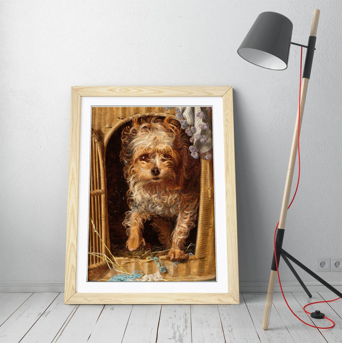 Framed Art Poster - Darby In Basket Wall Art Print With Woodgrain Frame