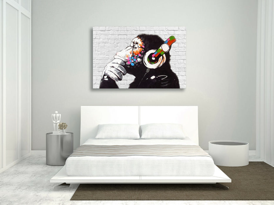 MONKEY DJ BANKSY WHITE BRICK CANVAS STREET WALL ART PRINT ARTWORK -  GORILLA