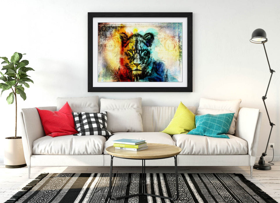 MULTI COLOUR LIONESS SKETCH -FRAMED ART POSTER PICTURE PRINT