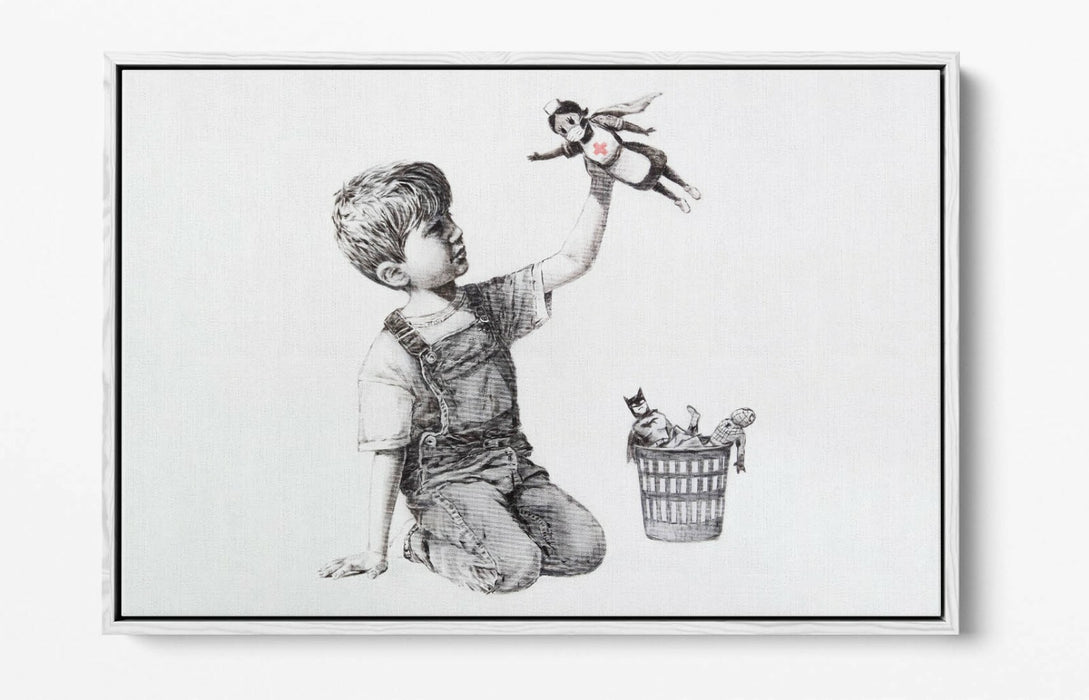 BANKSY SUPER NURSE GAME CHANGER -FLOAT EFFECT CANVAS WALL ART PIC PRINT- GREY