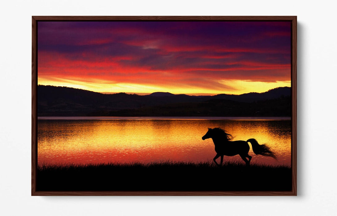 Canvas Wall Art - Running Horse Silhouette Sunset Landscape Float Effect Print