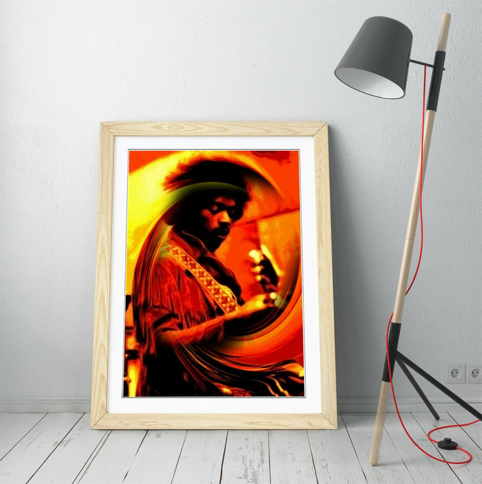 Jimi Hendrix Poster - Handmade UK Framed Wall Art With Yellow Swirl Artwork