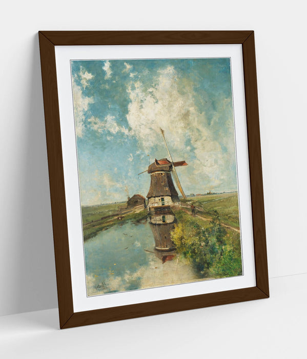 Framed Art Poster - Paul Gabriel Windmill On Polder Waterway, Matte Paper Print