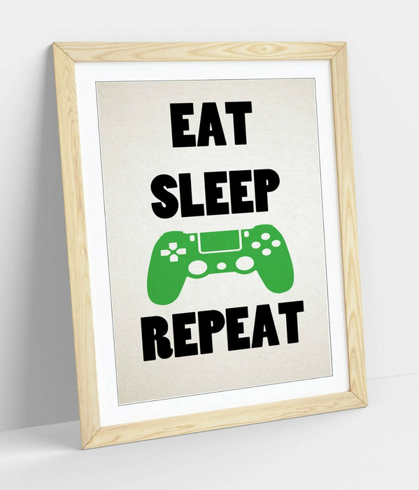 "EAT SLEEP GAME REPEAT" FUNNY GAMER QUOTE KIDS -FRAMED WALL ART PICTURE PRINT