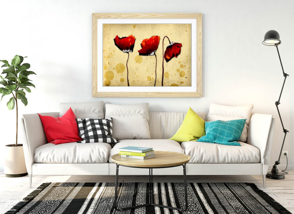 Abstract Flower Art - Red Poppies Print | Framed Wall Art with Woodgrain Frame