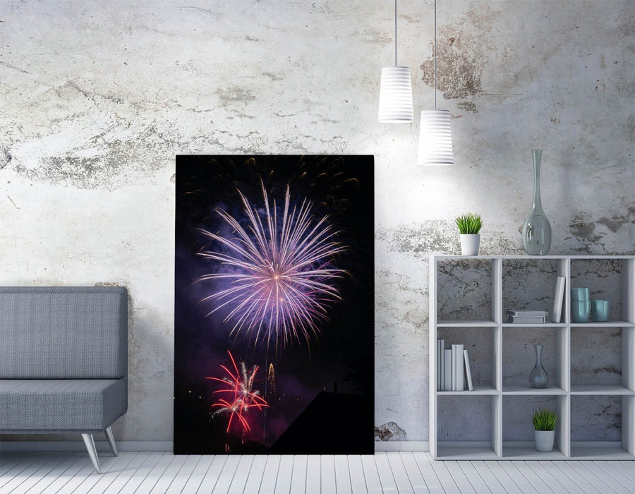 Purple Fireworks Canvas - Vibrant Black Sky Photography Wall Art Print