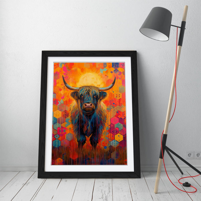 Highland Cow Wall Art – Multi Color Framed Hexagonal Pattern Poster Print