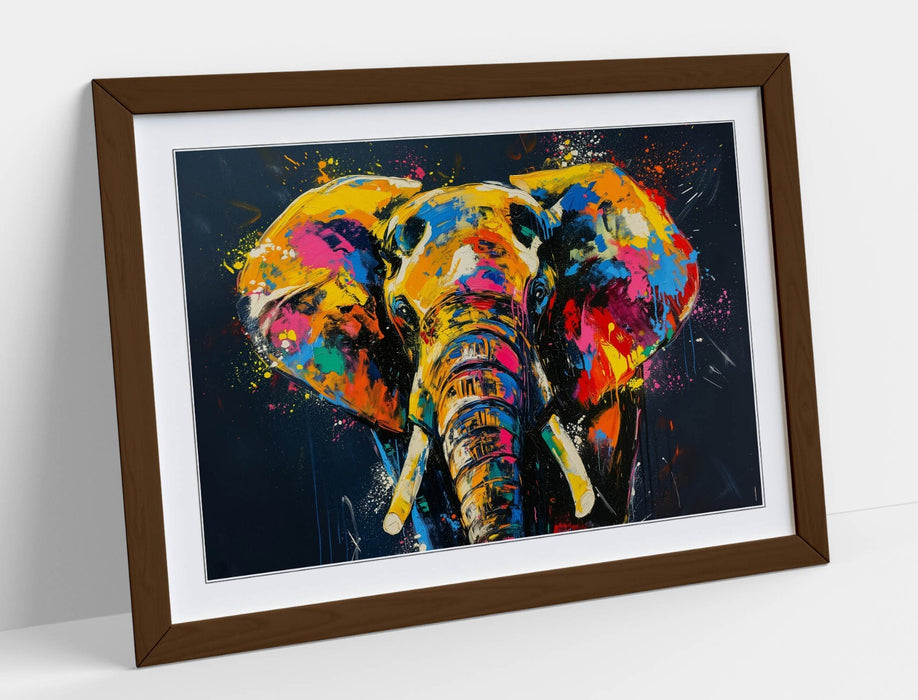 Framed Wall Art - Multi Colour Abstract Elephant Print With Wood Grain Frame