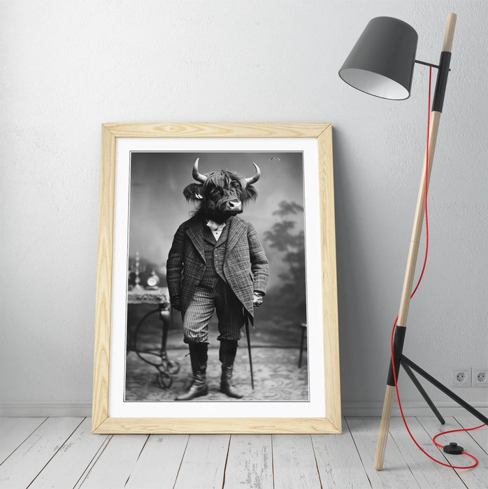 Highland Cow Wall Art – Framed Animal Poster with Woodgrain Frame, Matte Finish