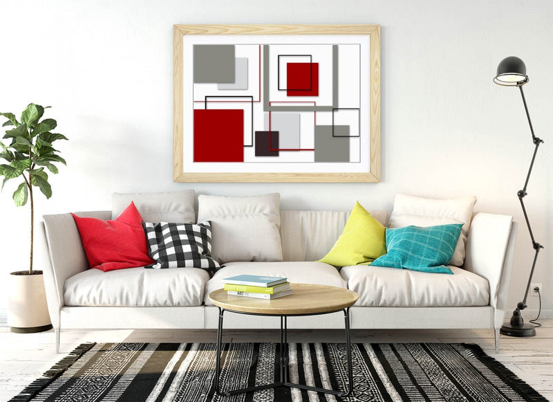 Abstract Bedroom Wall Art – Framed Art Print With Red Grey Artwork & Wood Grain Frame