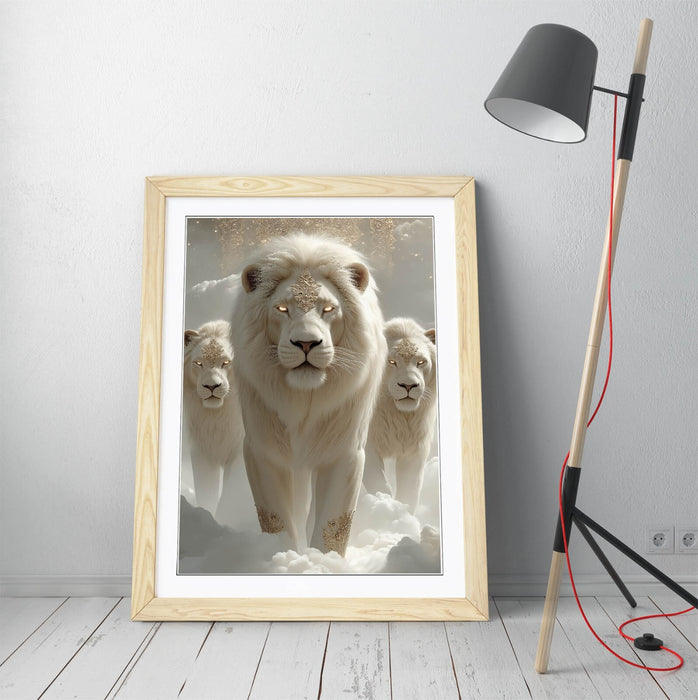 Framed Wall Art – Mystical White Lion Poster Print With Handmade Frame