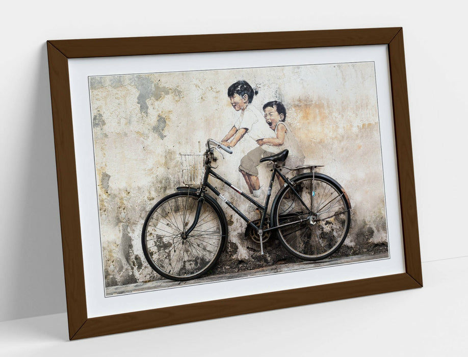 KIDS ON BIKE -ART FRAMED POSTER PICTURE PRINT ARTWORK- BEIGE GREY BLACK