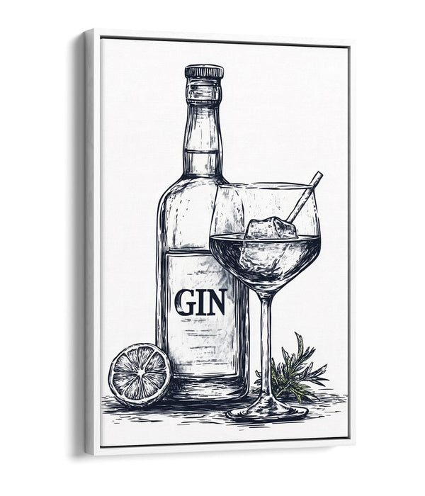 Canvas Wall Art – Gin Bottle Art With Glass Illustration | Float Effect Canvas Print
