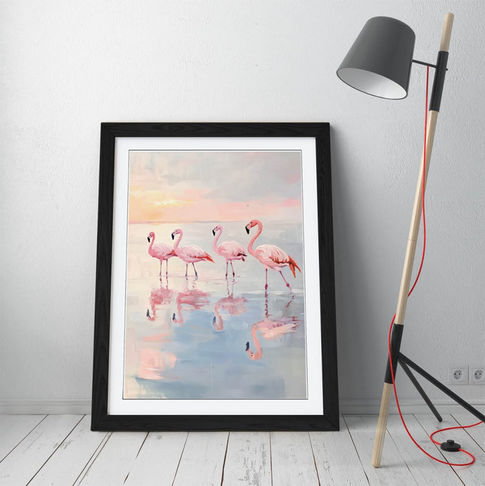 Pink Flamingo Wall Art – Framed Pastel Flamingo Print in Natural Wood Frame