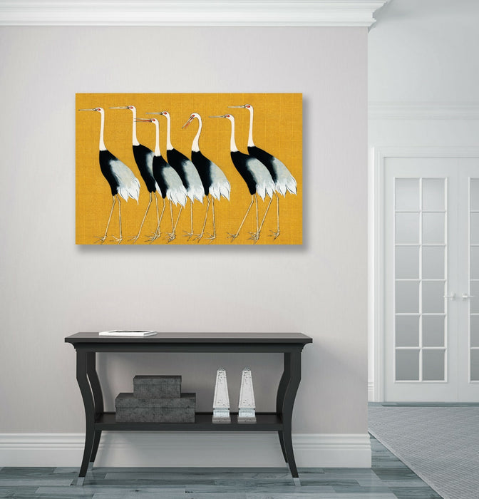 Mustard Canvas Wall Art – Oriental Crane Artwork | Handmade Japanese Decor Print