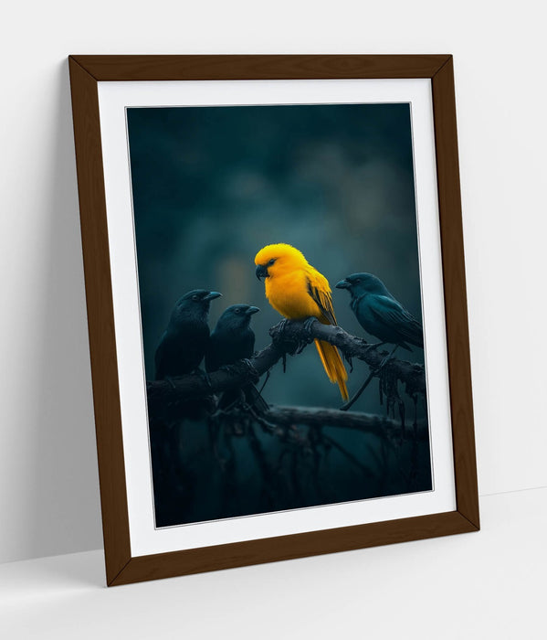 Framed Wall Art Poster - Yellow Bird & Black Crow Tree Print With Wood Grain Frame