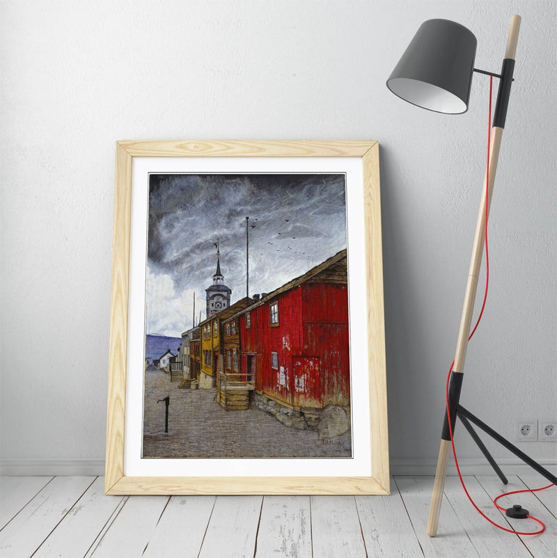 Framed Wall Art - Harald Sohlberg Street In Roros Poster Print With Woodgrain Frame