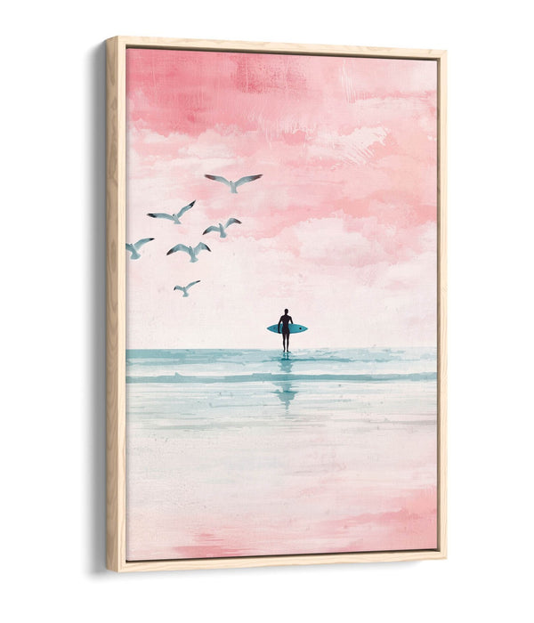 Canvas Wall Art – Minimalist Silhouette Surfer Pink Beach Float Effect Print