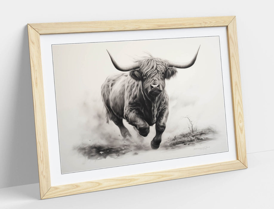 Highland Cow Wall Art – Framed Charcoal Sketch Print | Rustic Animal Decor
