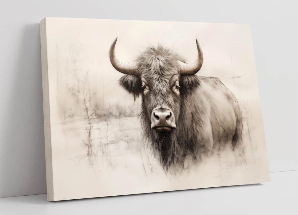 Charcoal Sketch Canvas | Highland Cow Art - Handmade Canvas Wall Decor Print